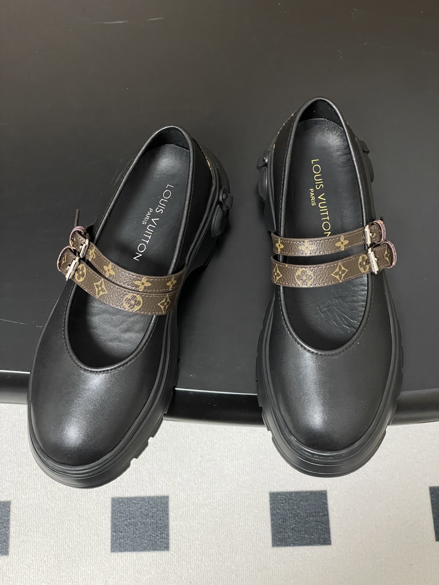 Women's Chunky Black Mary Jane Shoes with Monogram Canvas Straps