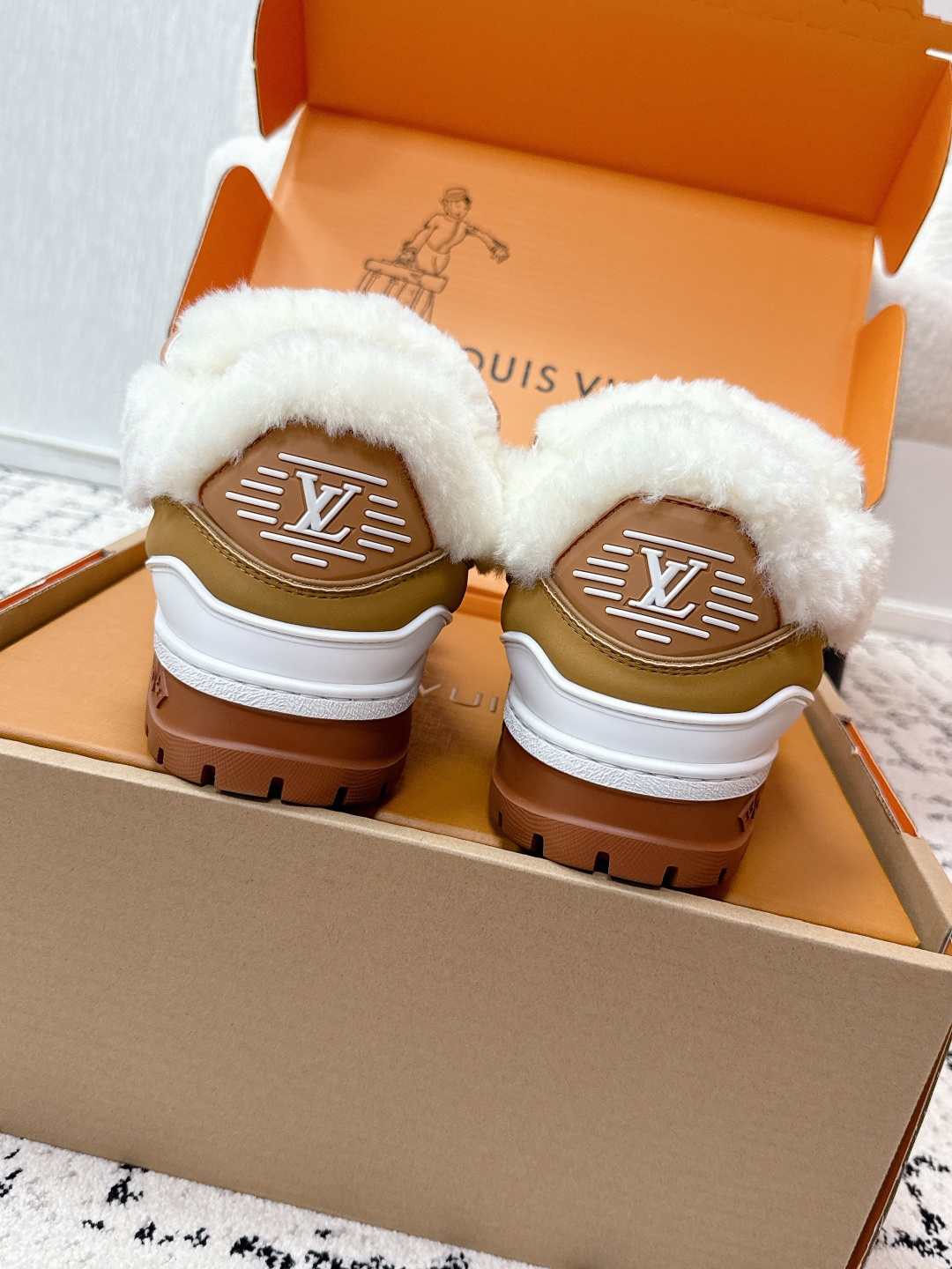 Louis Vuitton LV Skate Sneaker Tan Leather with White Shearling Trim