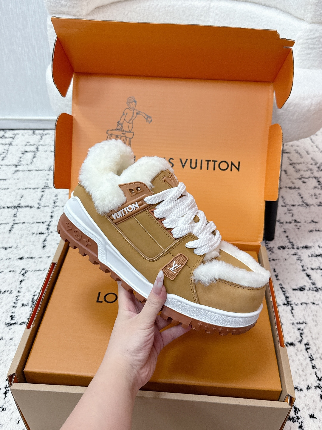 Louis Vuitton LV Skate Sneaker Tan Leather with White Shearling Trim