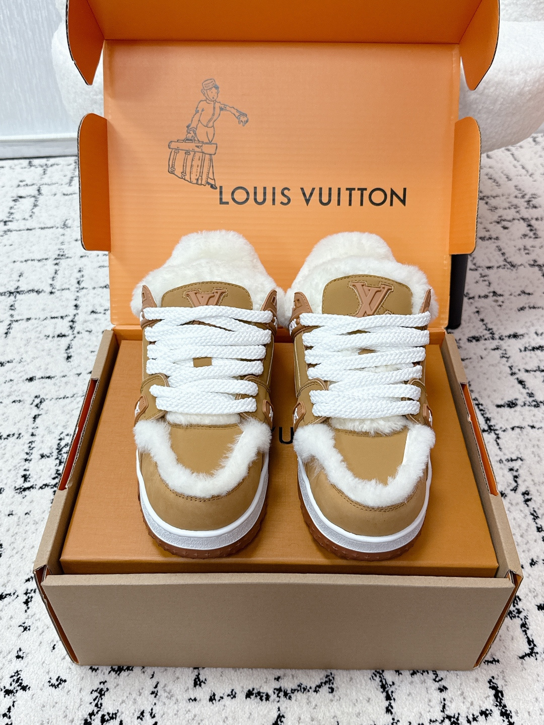 Louis Vuitton LV Skate Sneaker Tan Leather with White Shearling Trim