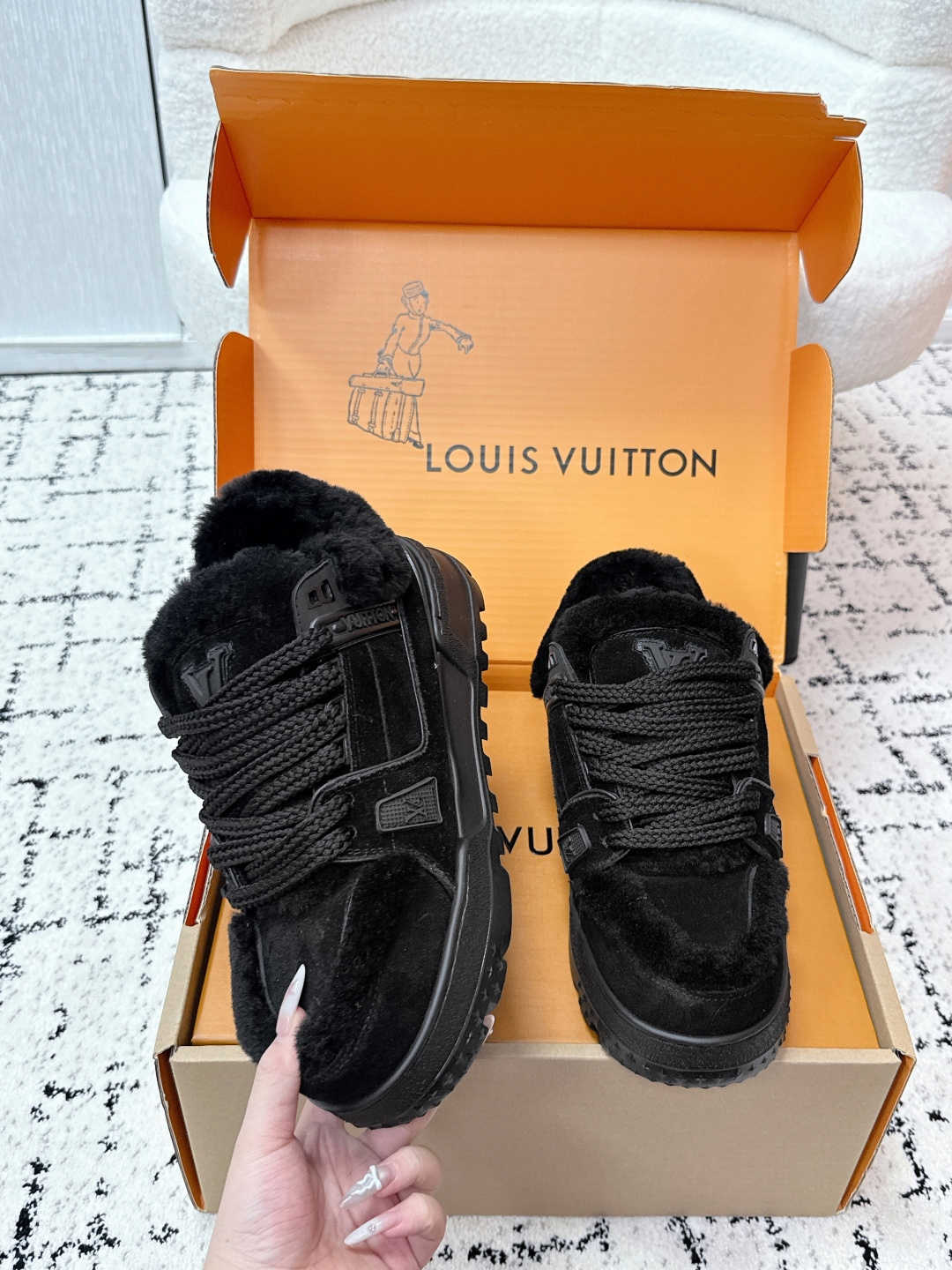 Louis Vuitton LV Skate Sneaker Black Suede and Shearling Luxury Shoes