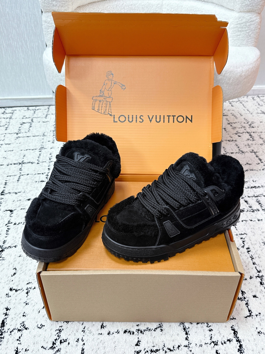 Louis Vuitton LV Skate Sneaker Black Suede and Shearling Luxury Shoes
