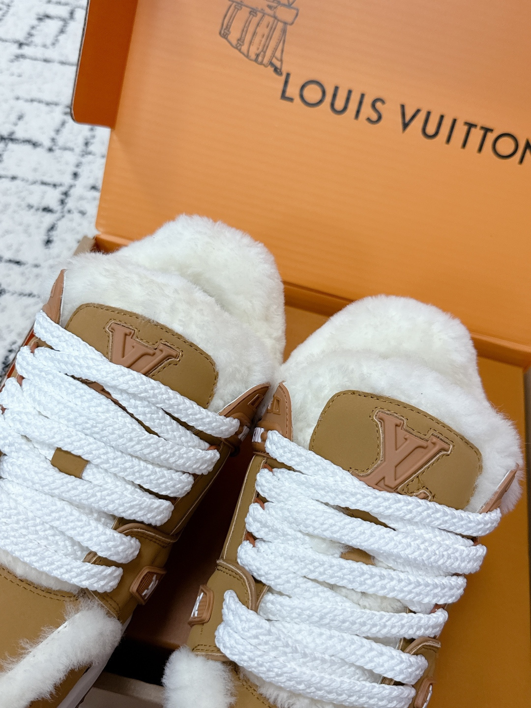 Louis Vuitton Tan Suede Shearling Sneakers - Luxury Winter Style