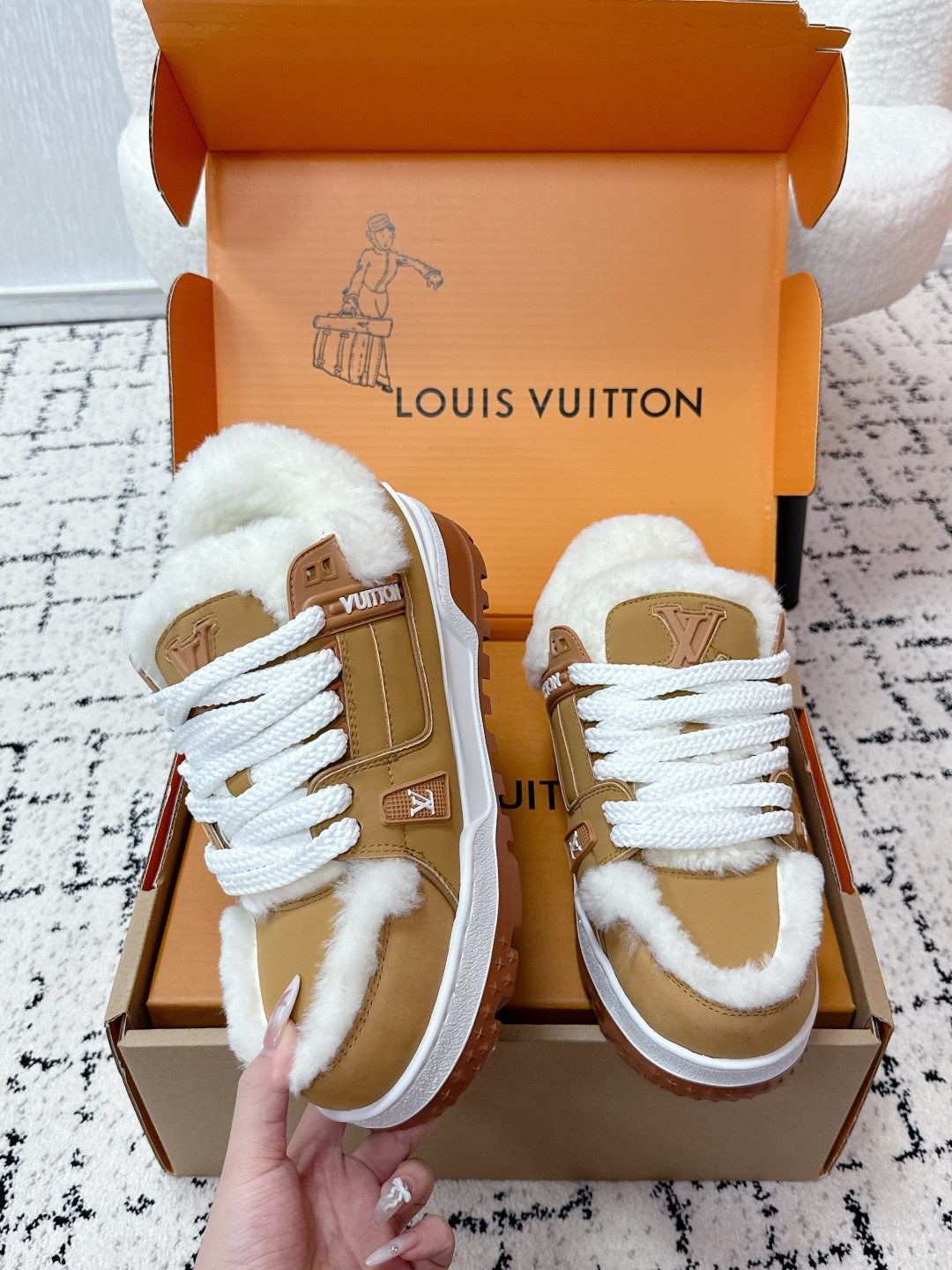 Louis Vuitton Tan Suede Shearling Sneakers - Luxury Winter Style