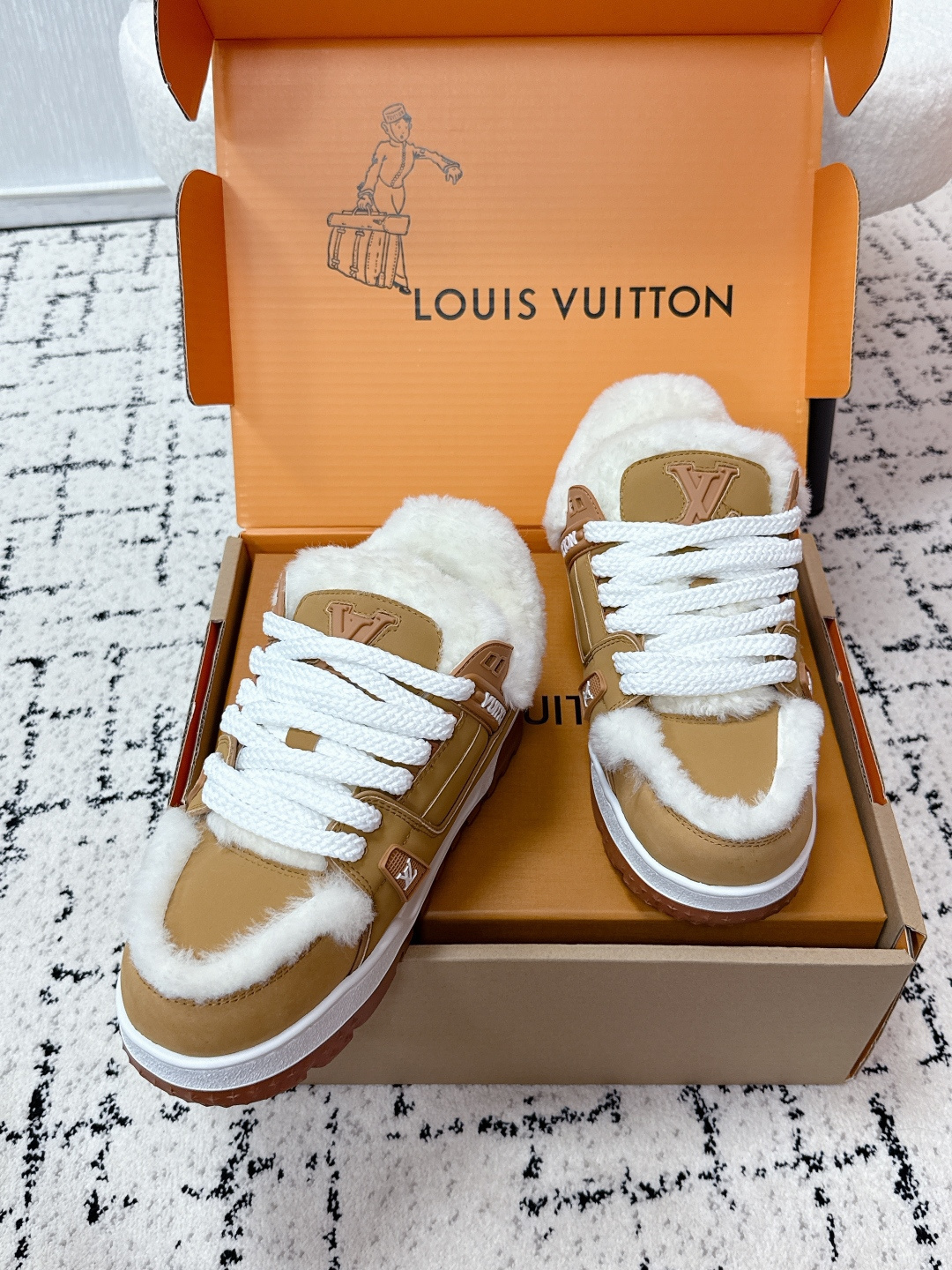 Louis Vuitton Tan Suede Shearling Sneakers - Luxury Winter Style