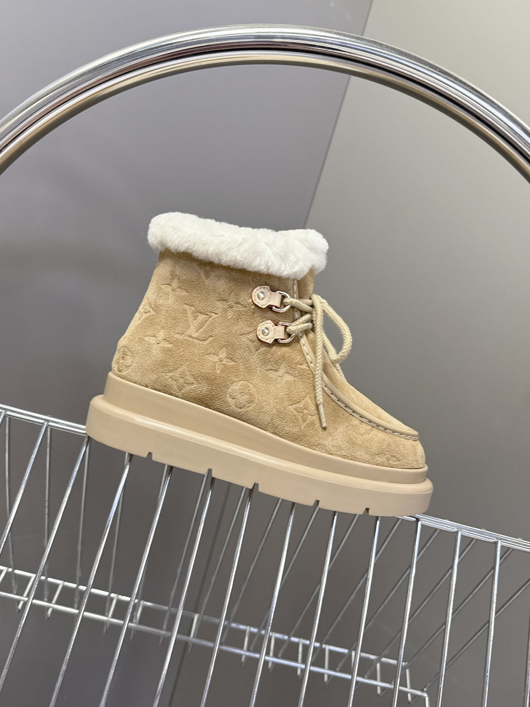 Women's Luxury Beige Suede Shearling Platform Winter Ankle Boots