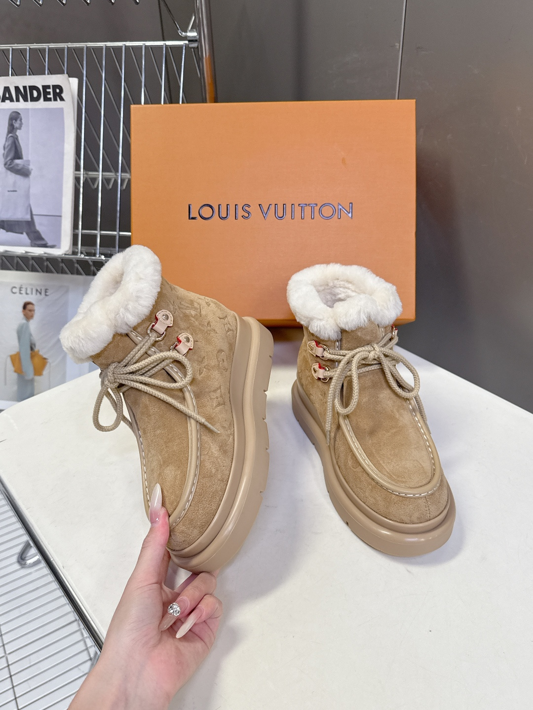 Women's Luxury Beige Suede Shearling Platform Winter Ankle Boots