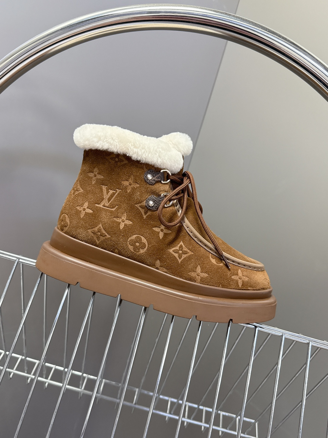 Louis Vuitton Women's Brown Suede Shearling Monogram Winter Boots