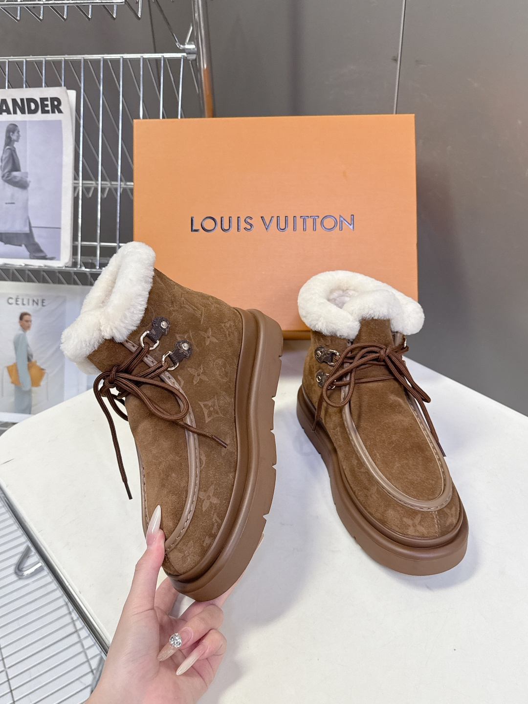 Louis Vuitton Women's Brown Suede Shearling Monogram Winter Boots