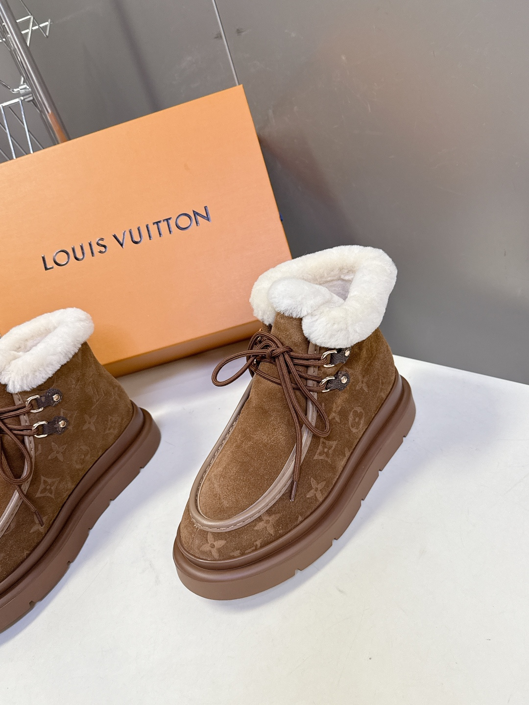 Louis Vuitton Women's Brown Suede Shearling Monogram Winter Boots