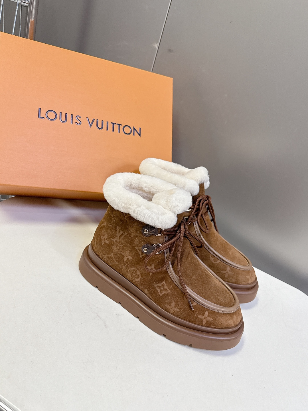 Louis Vuitton Women's Brown Suede Shearling Monogram Winter Boots