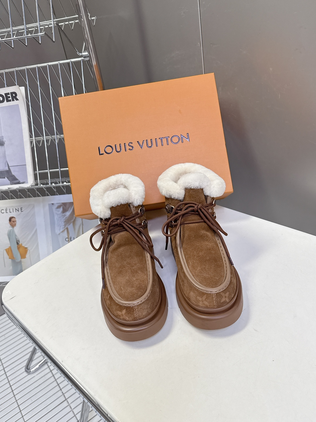Louis Vuitton Women’s Brown Suede Shearling Monogram Winter Boots