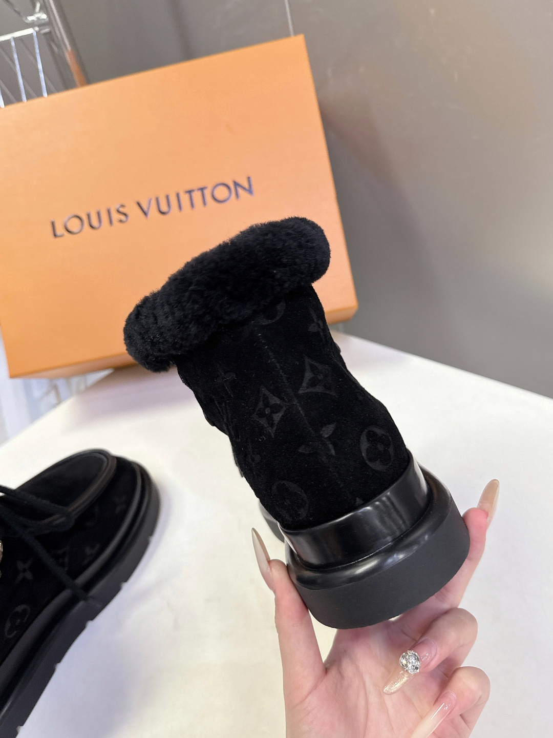 Louis Vuitton Women's Black Suede & Shearling Platform Ankle Boots