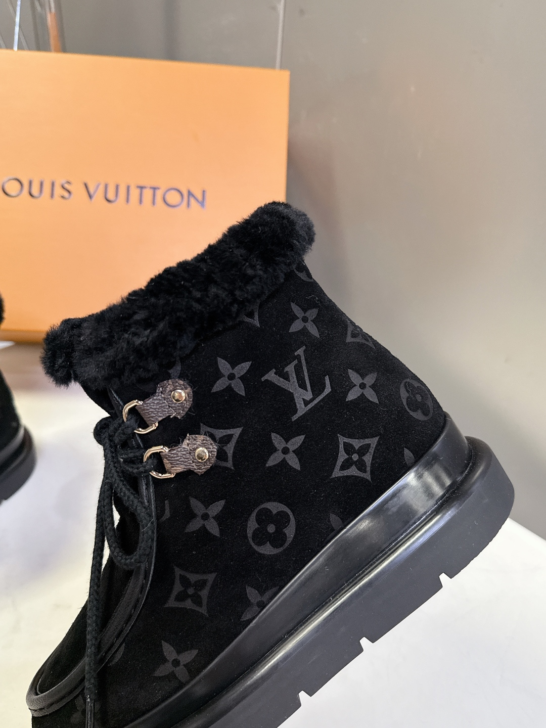 Louis Vuitton Women's Black Suede & Shearling Platform Ankle Boots