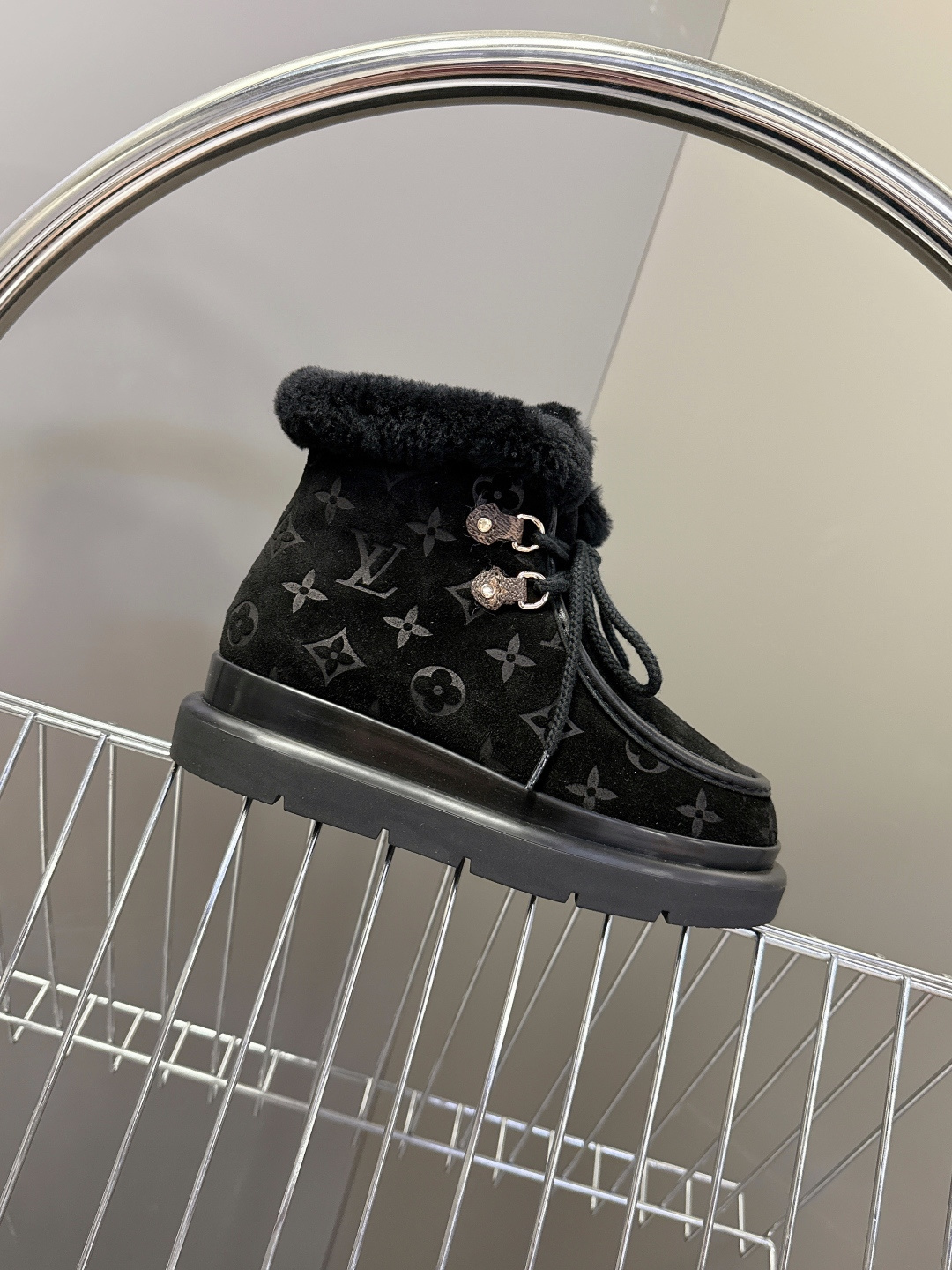 Louis Vuitton Women's Black Suede & Shearling Platform Ankle Boots