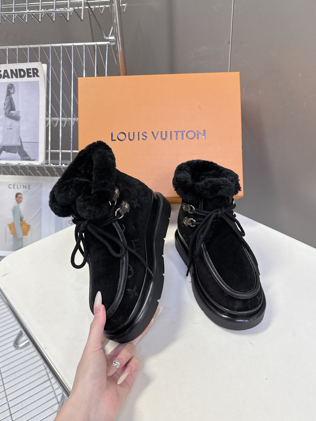 Louis Vuitton Women's Black Suede & Shearling Platform Ankle Boots