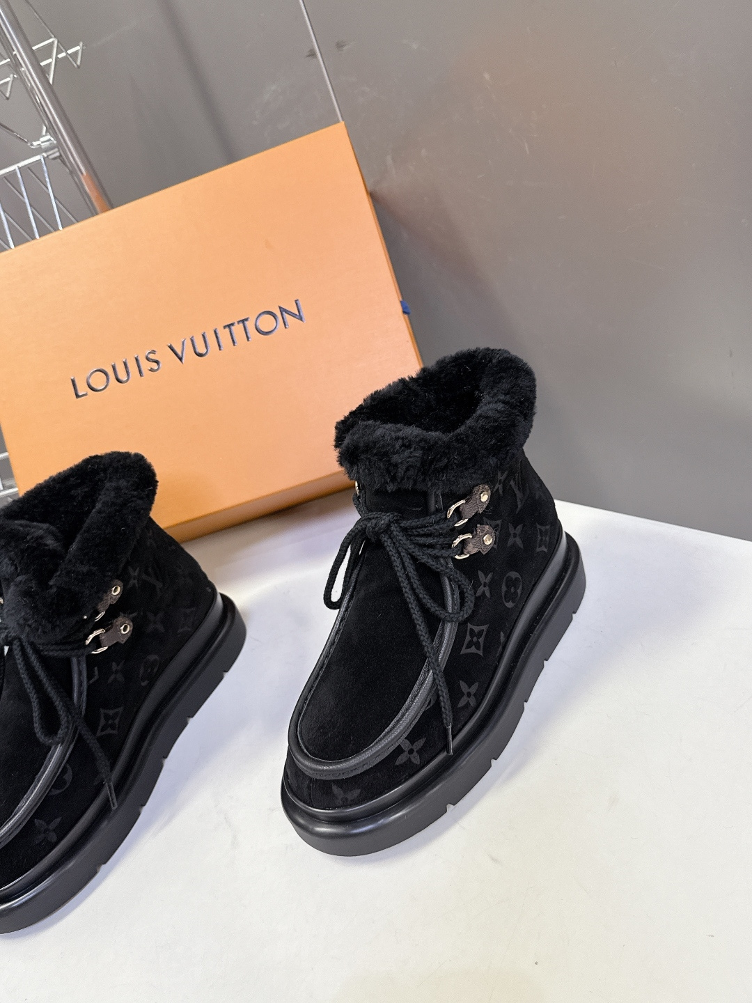 Louis Vuitton Women's Black Suede & Shearling Platform Ankle Boots