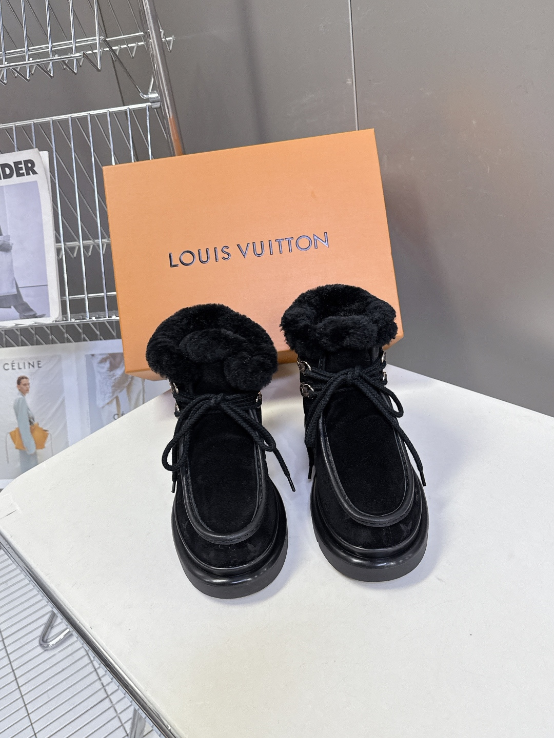 Louis Vuitton Women’s Black Suede & Shearling Platform Ankle Boots