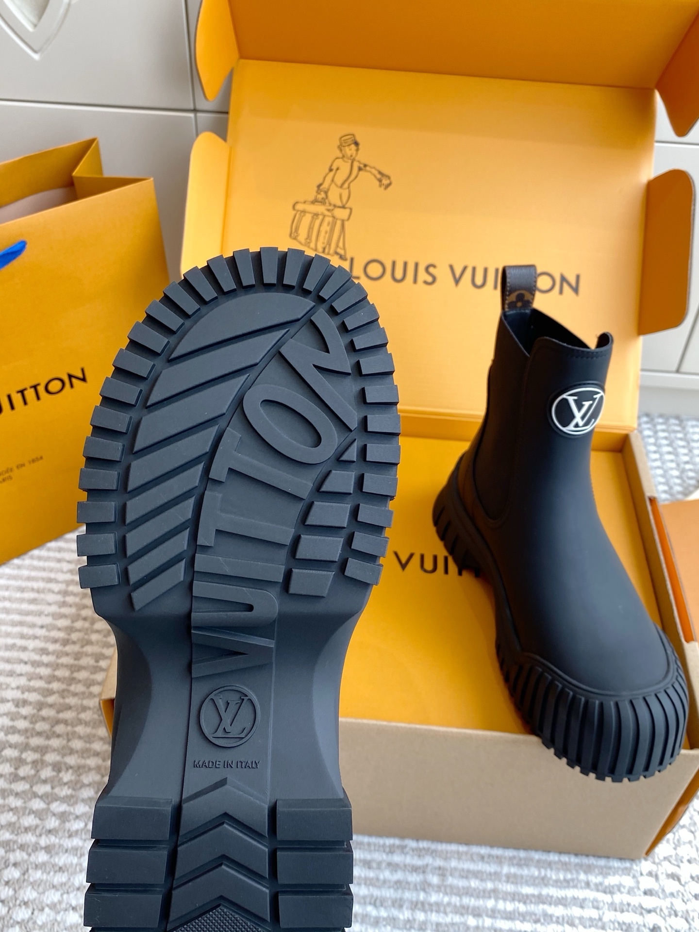 Louis Vuitton Black Rubber Ankle Rain Boots with Logo