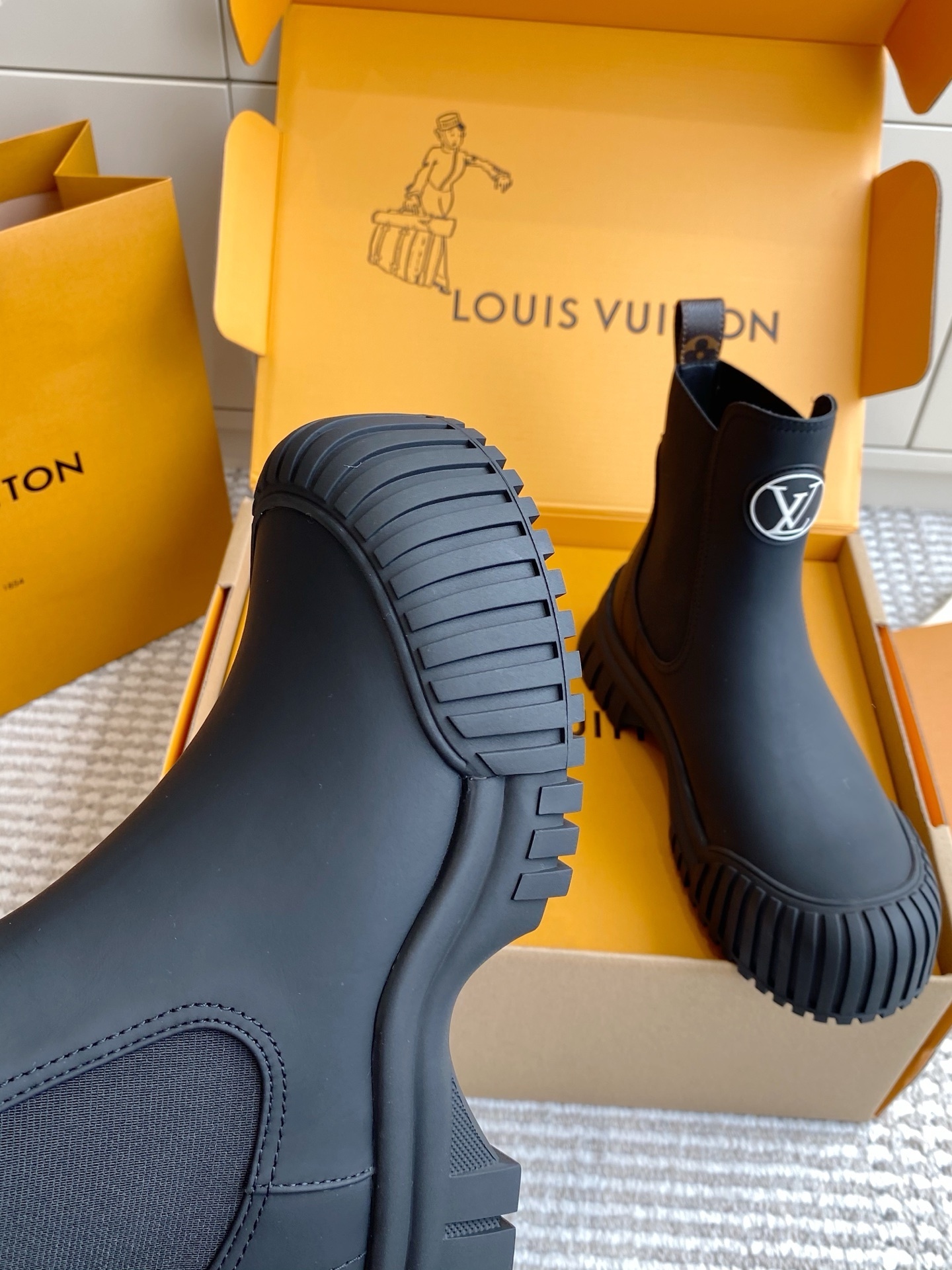 Louis Vuitton Black Rubber Ankle Rain Boots with Logo