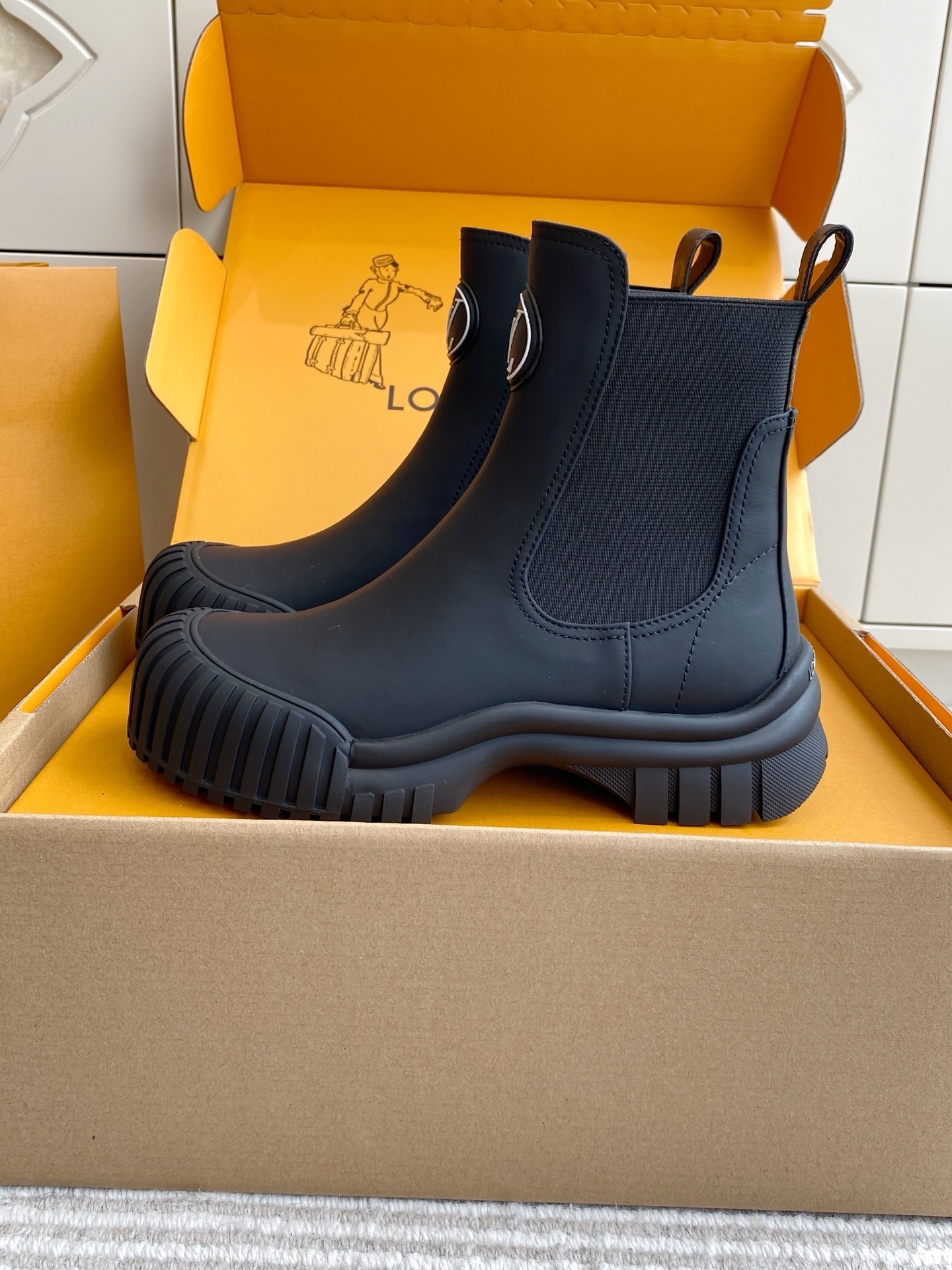 Louis Vuitton Black Rubber Ankle Rain Boots with Logo