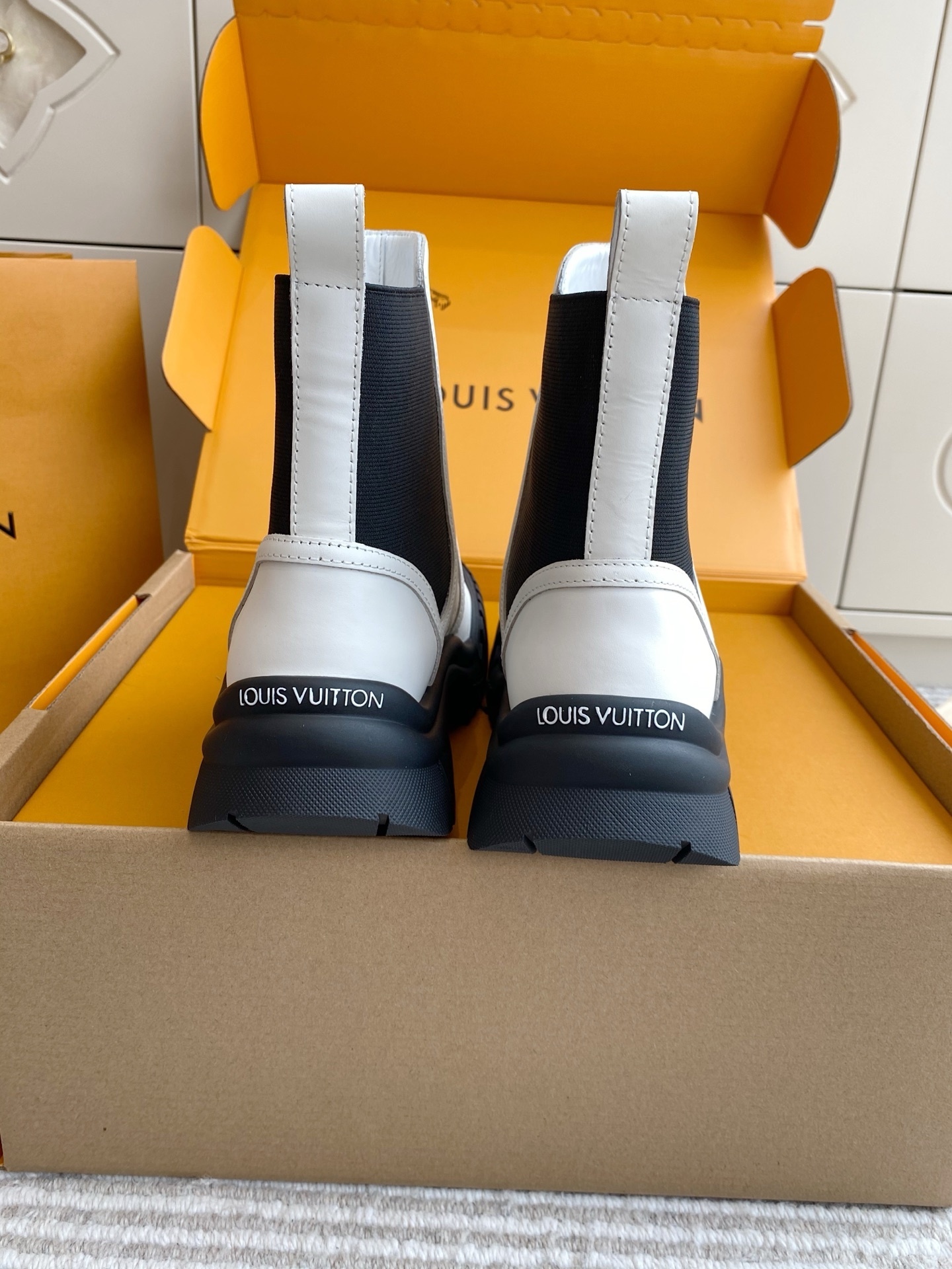 Louis Vuitton White Leather Ankle Boots with Chunky Ribbed Sole