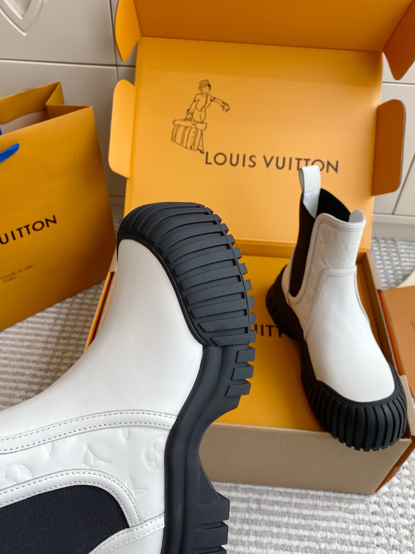 Louis Vuitton White Leather Ankle Boots with Chunky Ribbed Sole