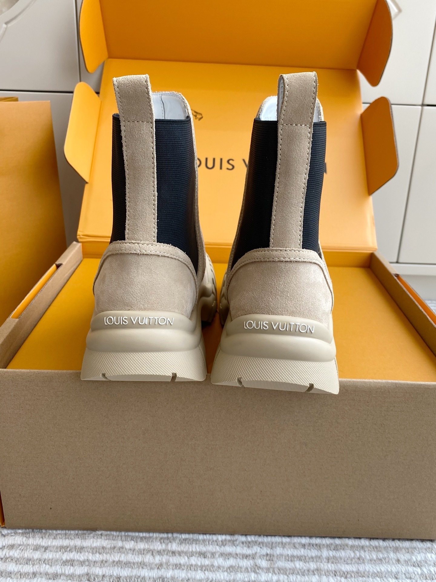 Louis Vuitton Beige Suede Monogram Embossed Chelsea Ankle Boots