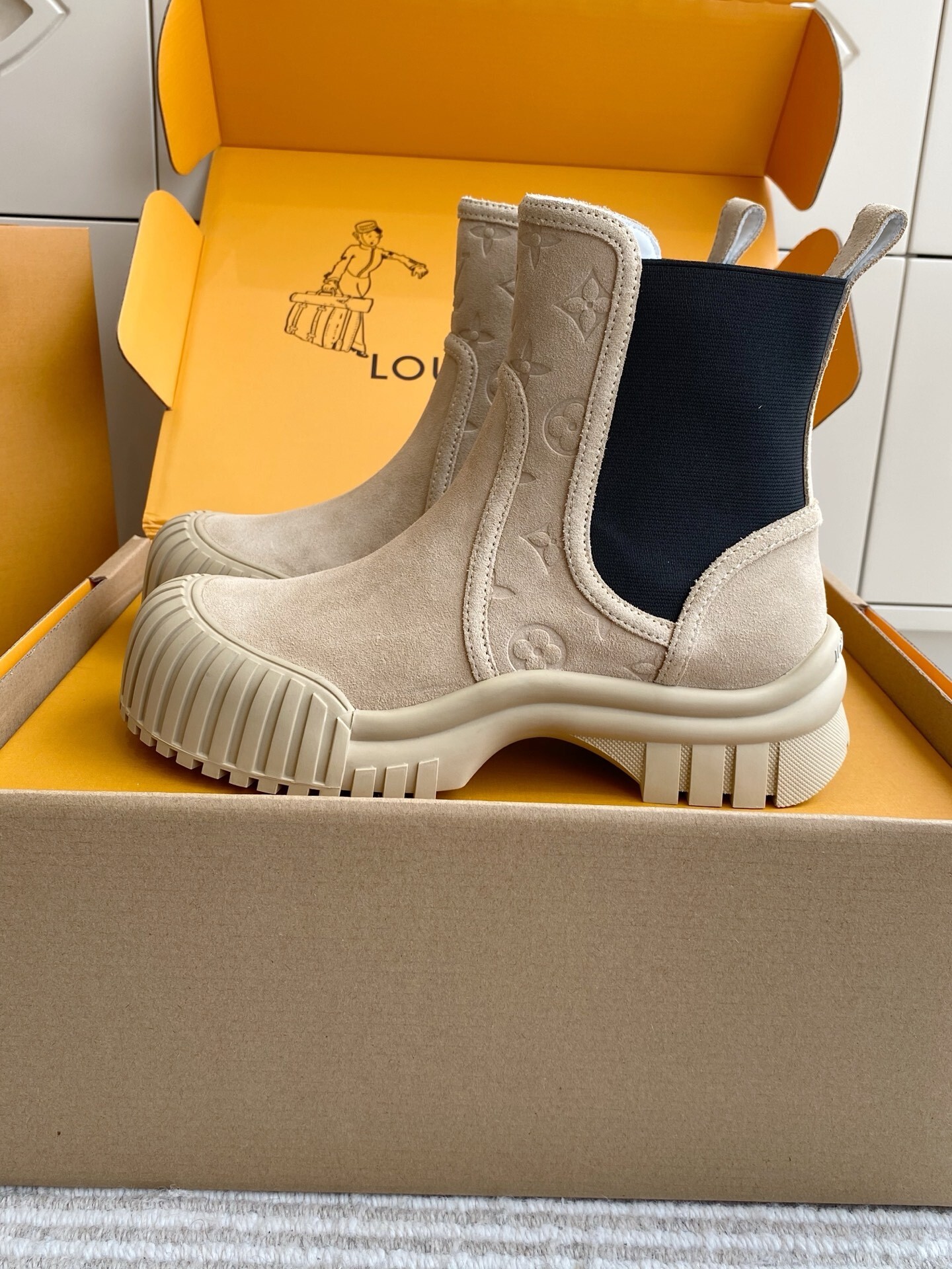 Louis Vuitton Beige Suede Monogram Embossed Chelsea Ankle Boots