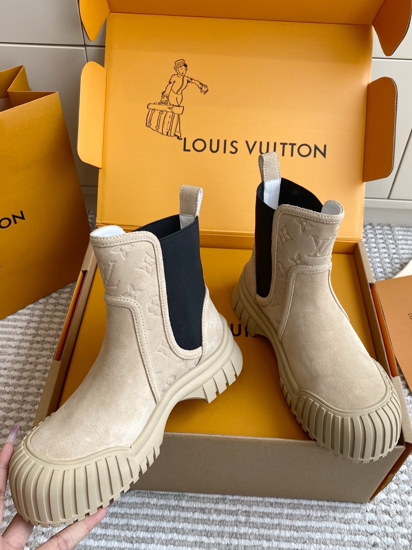 Louis Vuitton Beige Suede Monogram Embossed Chelsea Ankle Boots