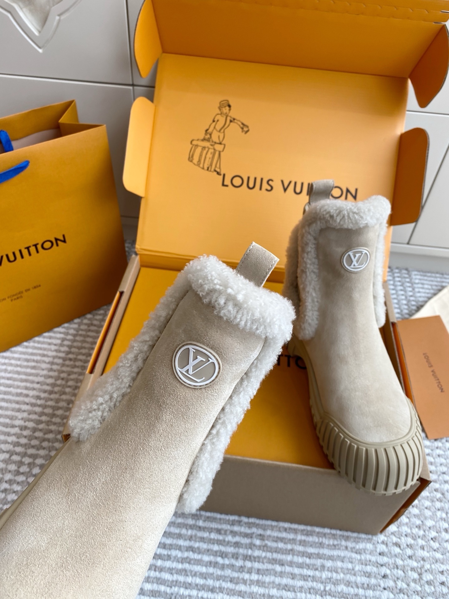 Louis Vuitton Aspen Platform Ankle Boots with Shearling Trim