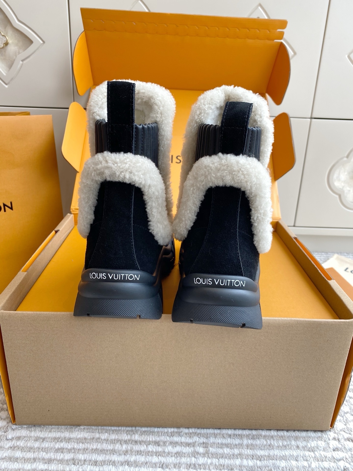 Louis Vuitton Women's Black Suede Shearling Platform Ankle Boots