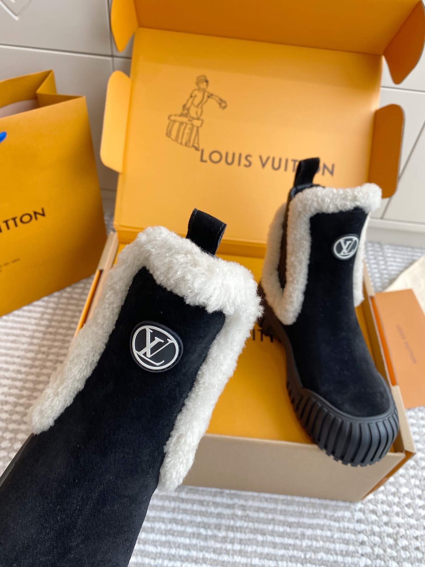 Louis Vuitton Women's Black Suede Shearling Platform Ankle Boots