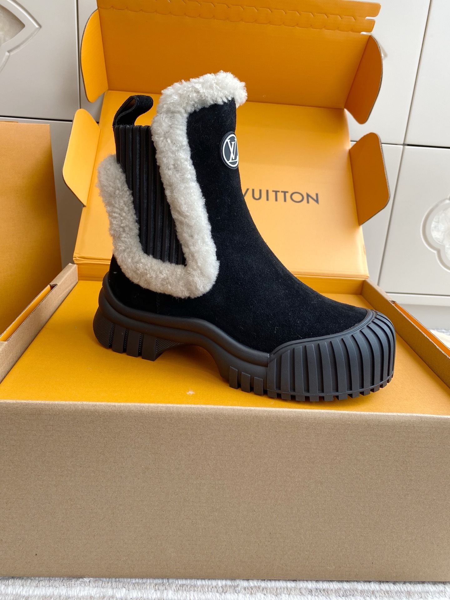 Louis Vuitton Women's Black Suede Shearling Platform Ankle Boots