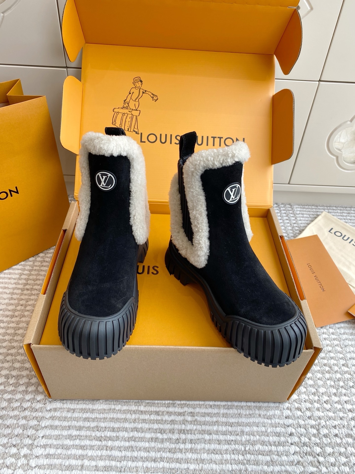 Louis Vuitton Women's Black Suede Shearling Platform Ankle Boots