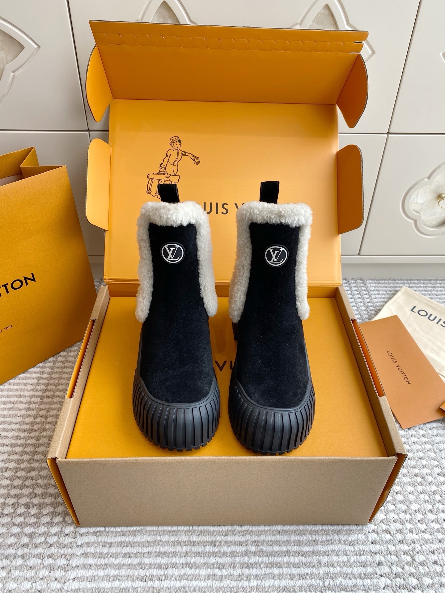 Louis Vuitton Women’s Black Suede Shearling Platform Ankle Boots