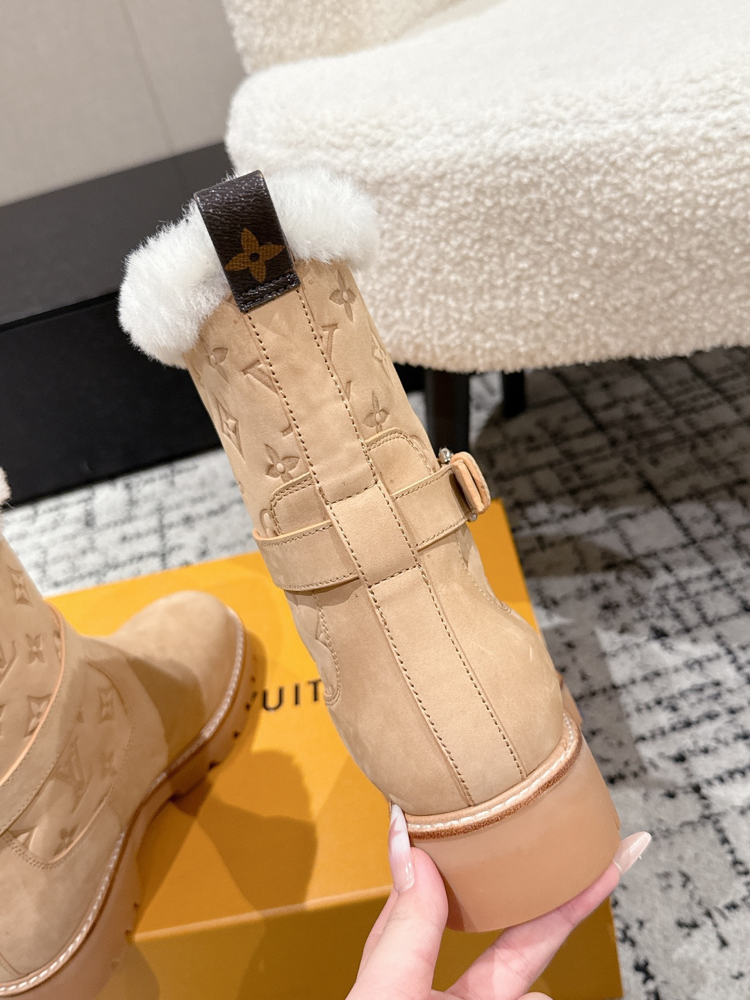 Louis Vuitton Monogram Suede & Shearling Ankle Boots - Beige