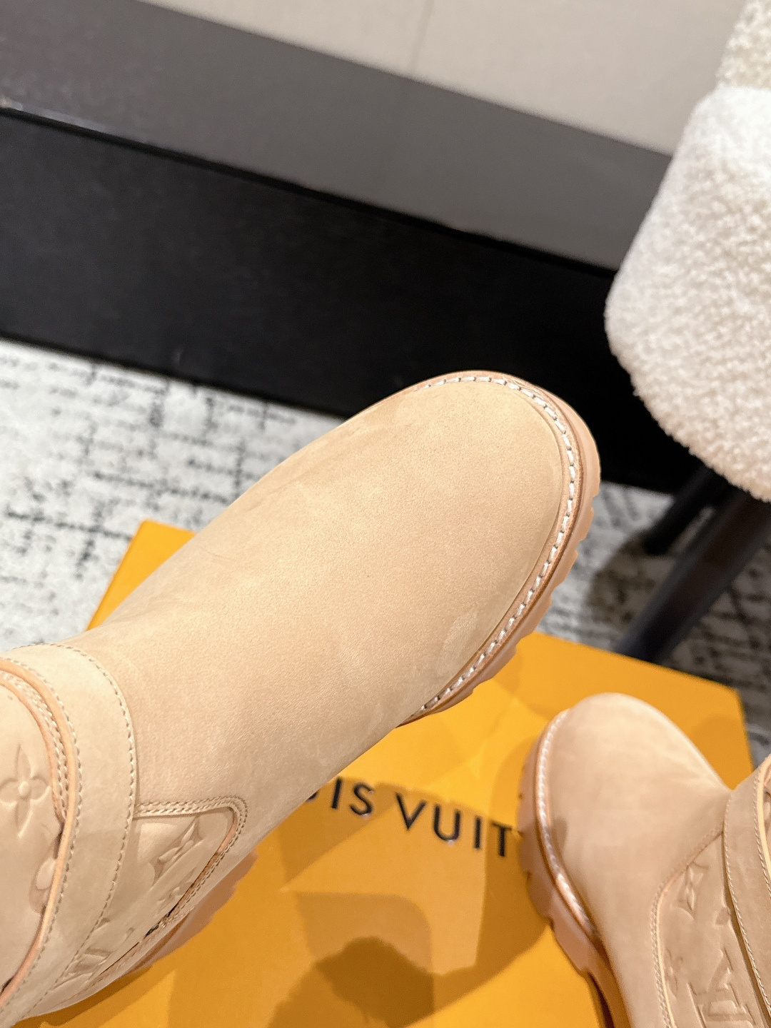 Louis Vuitton Monogram Suede & Shearling Ankle Boots - Beige