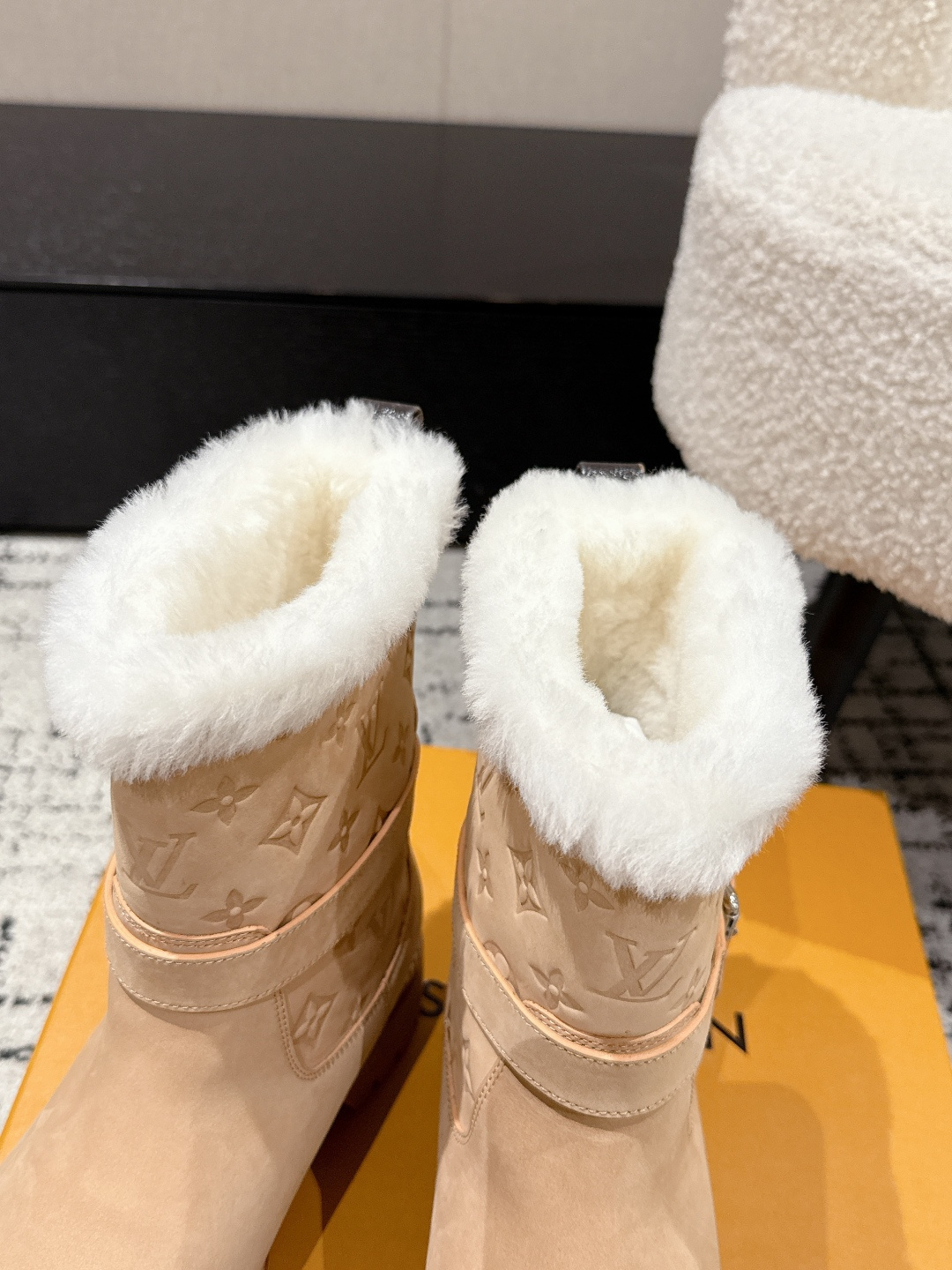 Louis Vuitton Monogram Suede & Shearling Ankle Boots - Beige