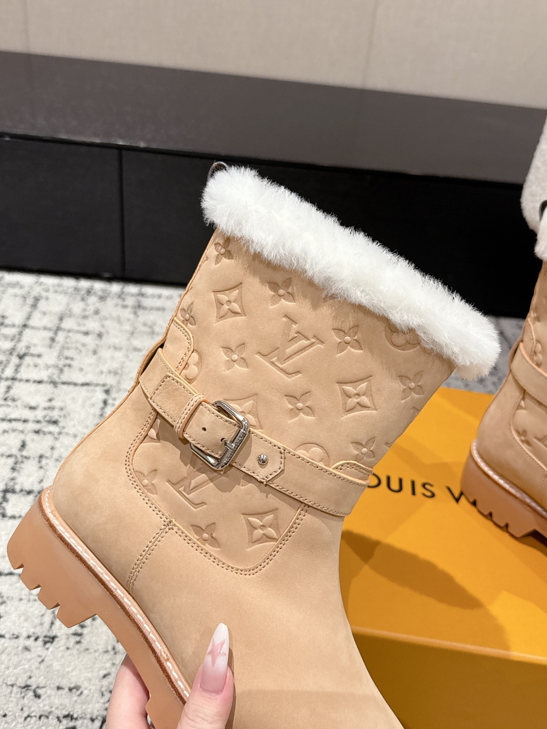 Louis Vuitton Monogram Suede & Shearling Ankle Boots - Beige