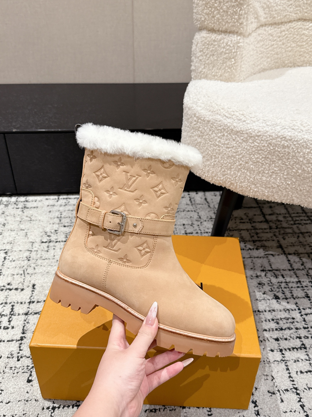 Louis Vuitton Monogram Suede & Shearling Ankle Boots - Beige