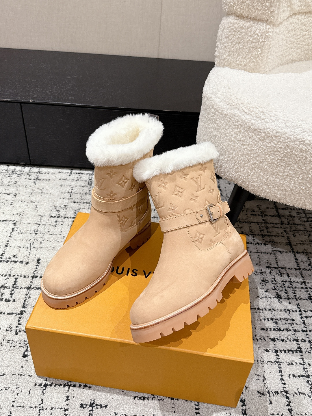 Louis Vuitton Monogram Suede & Shearling Ankle Boots - Beige