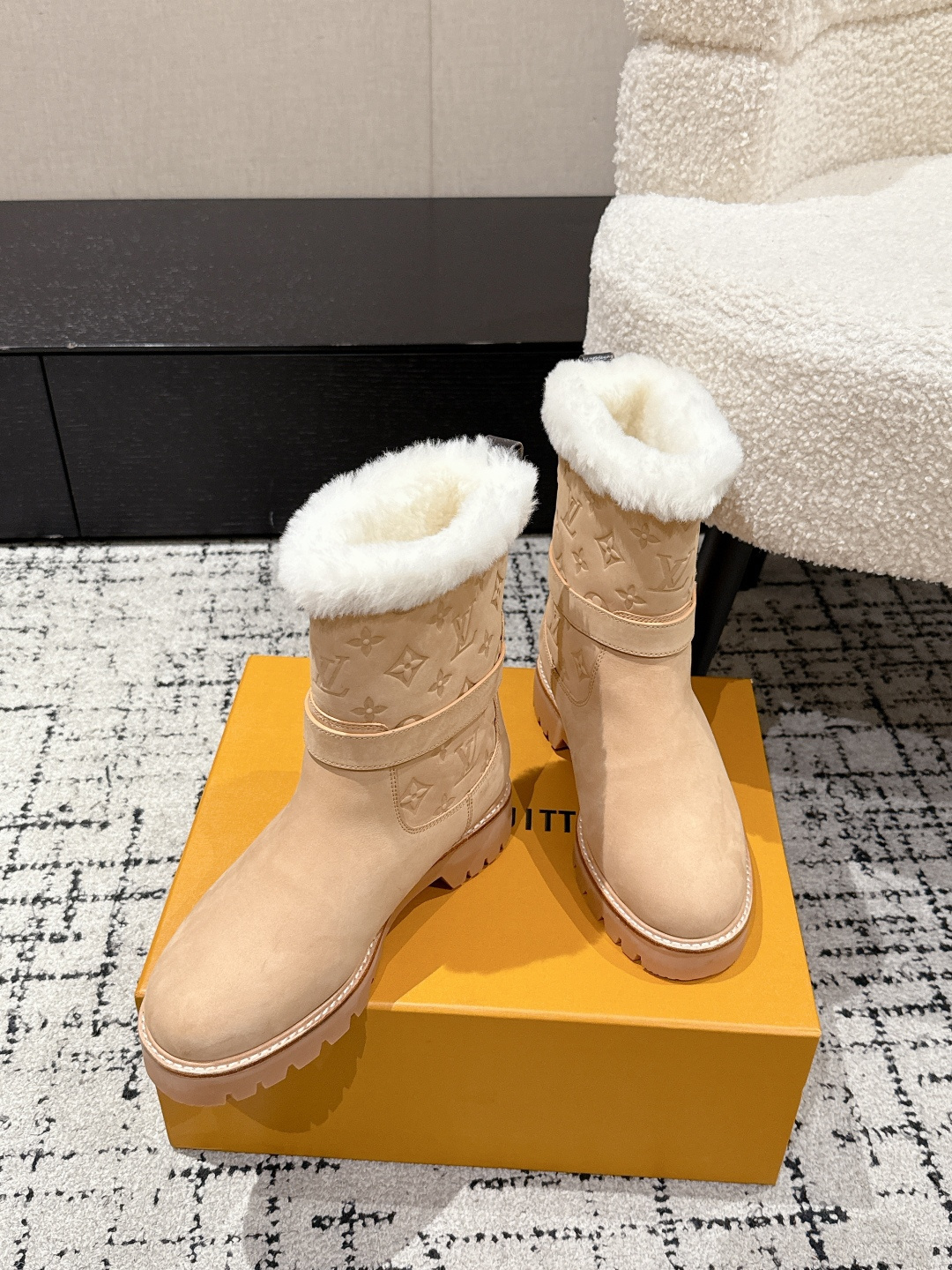 Louis Vuitton Monogram Suede & Shearling Ankle Boots - Beige
