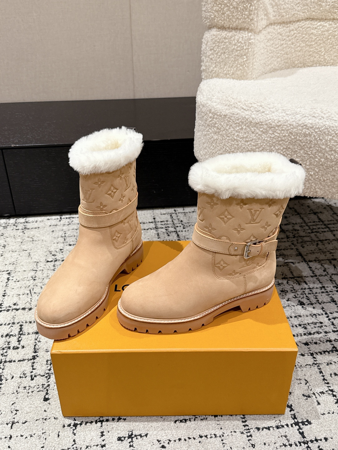 Louis Vuitton Monogram Suede & Shearling Ankle Boots - Beige