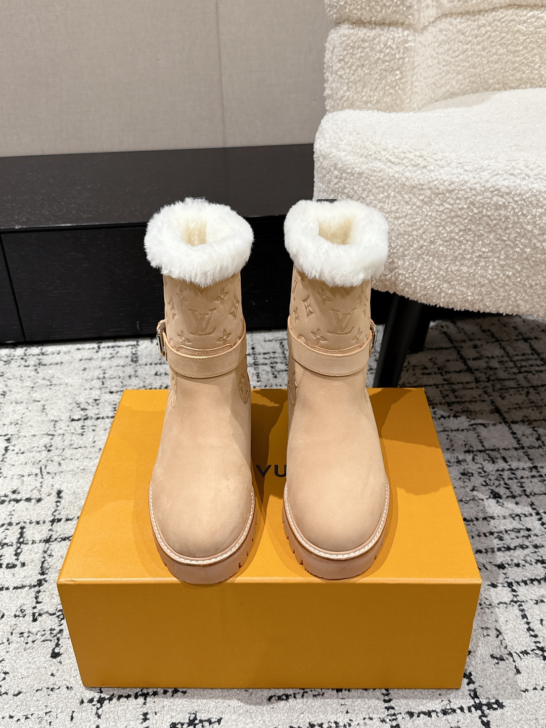 Louis Vuitton Monogram Suede & Shearling Ankle Boots – Beige