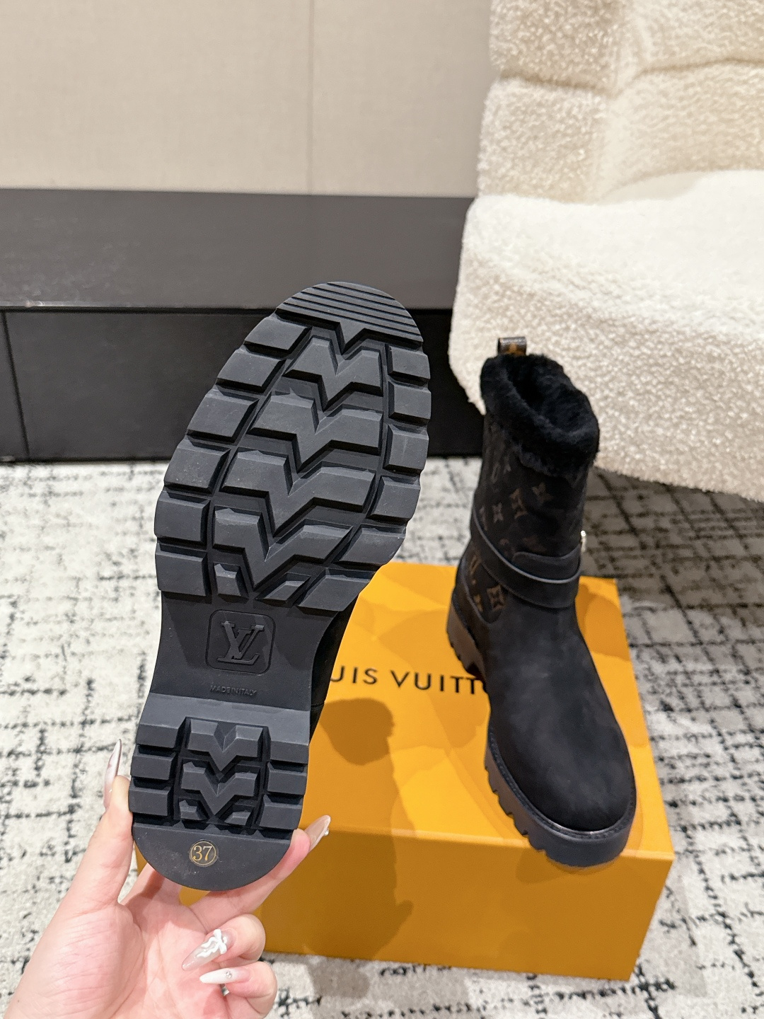 Luxury Black Suede Monogram Ankle Boots with Fur Lining