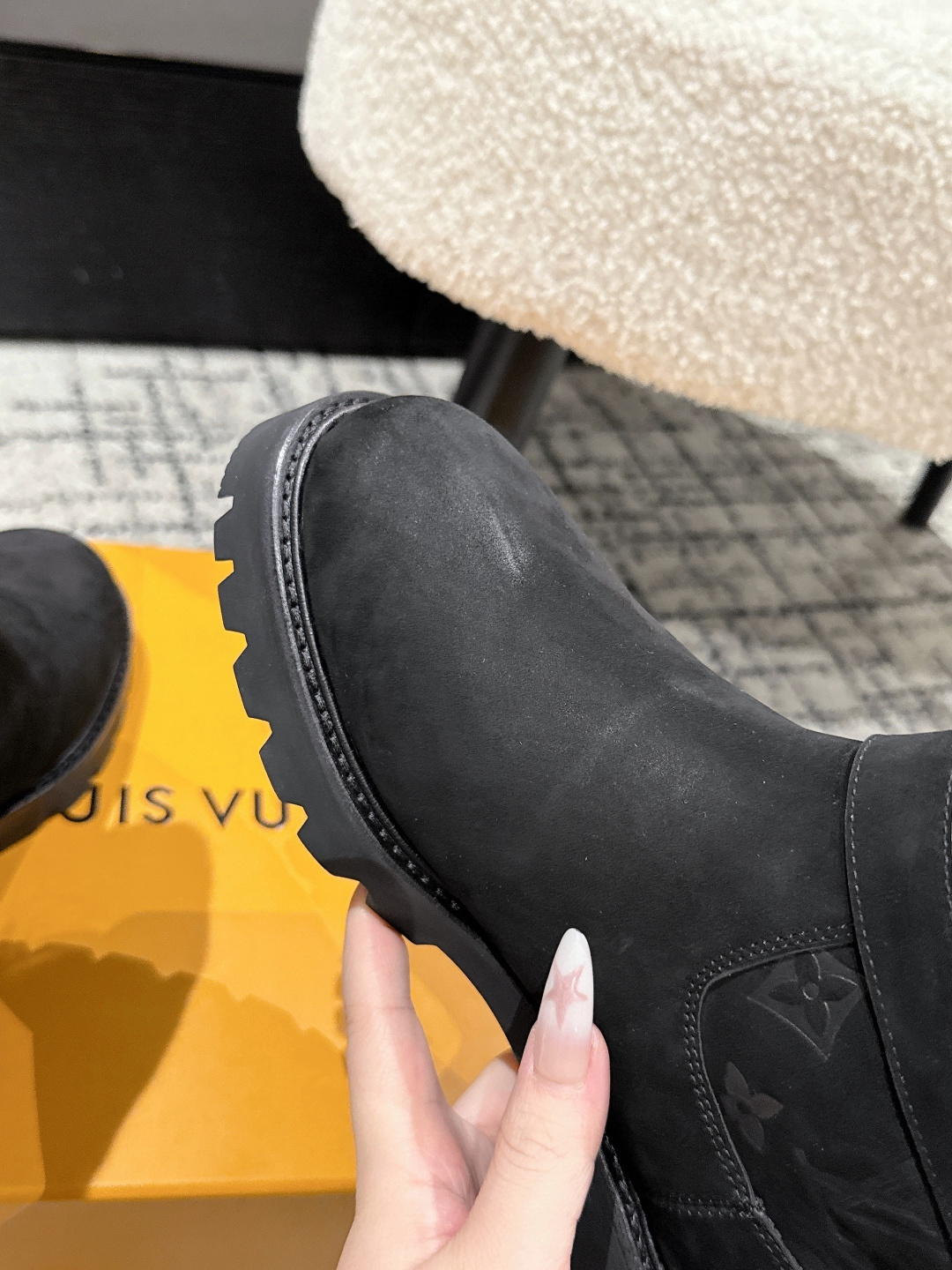 Luxury Black Suede Monogram Ankle Boots with Fur Lining