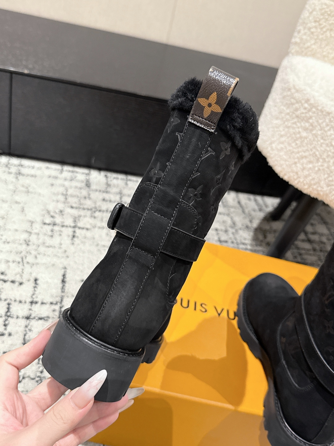 Luxury Black Suede Monogram Ankle Boots with Fur Lining