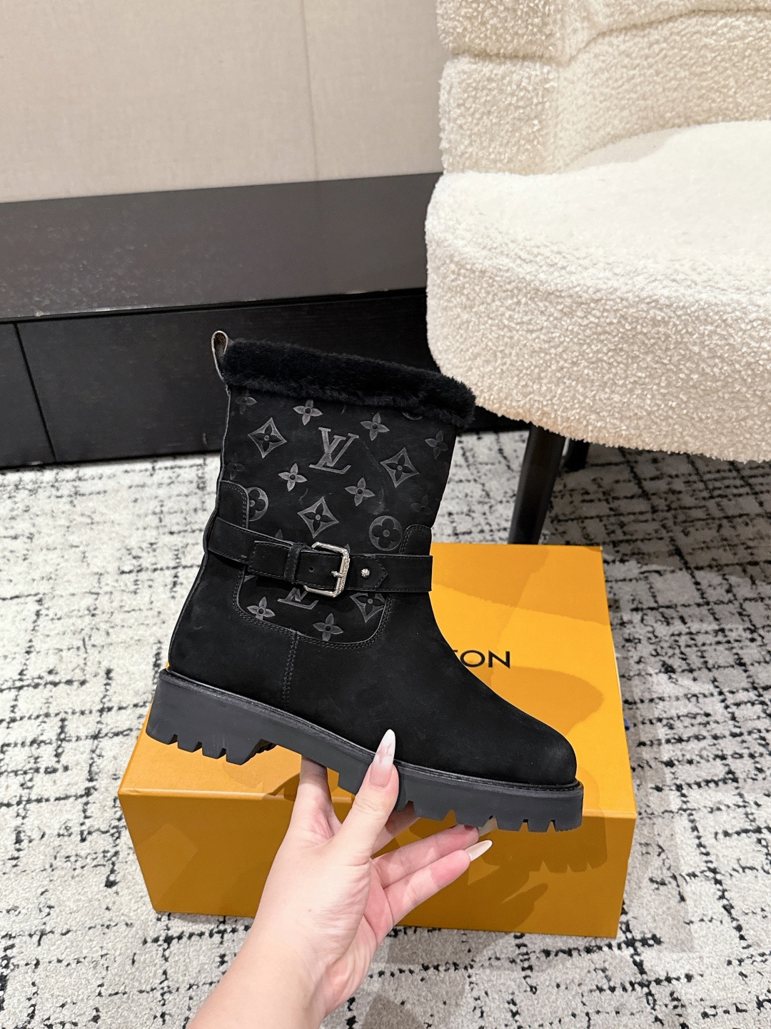 Luxury Black Suede Monogram Ankle Boots with Fur Lining
