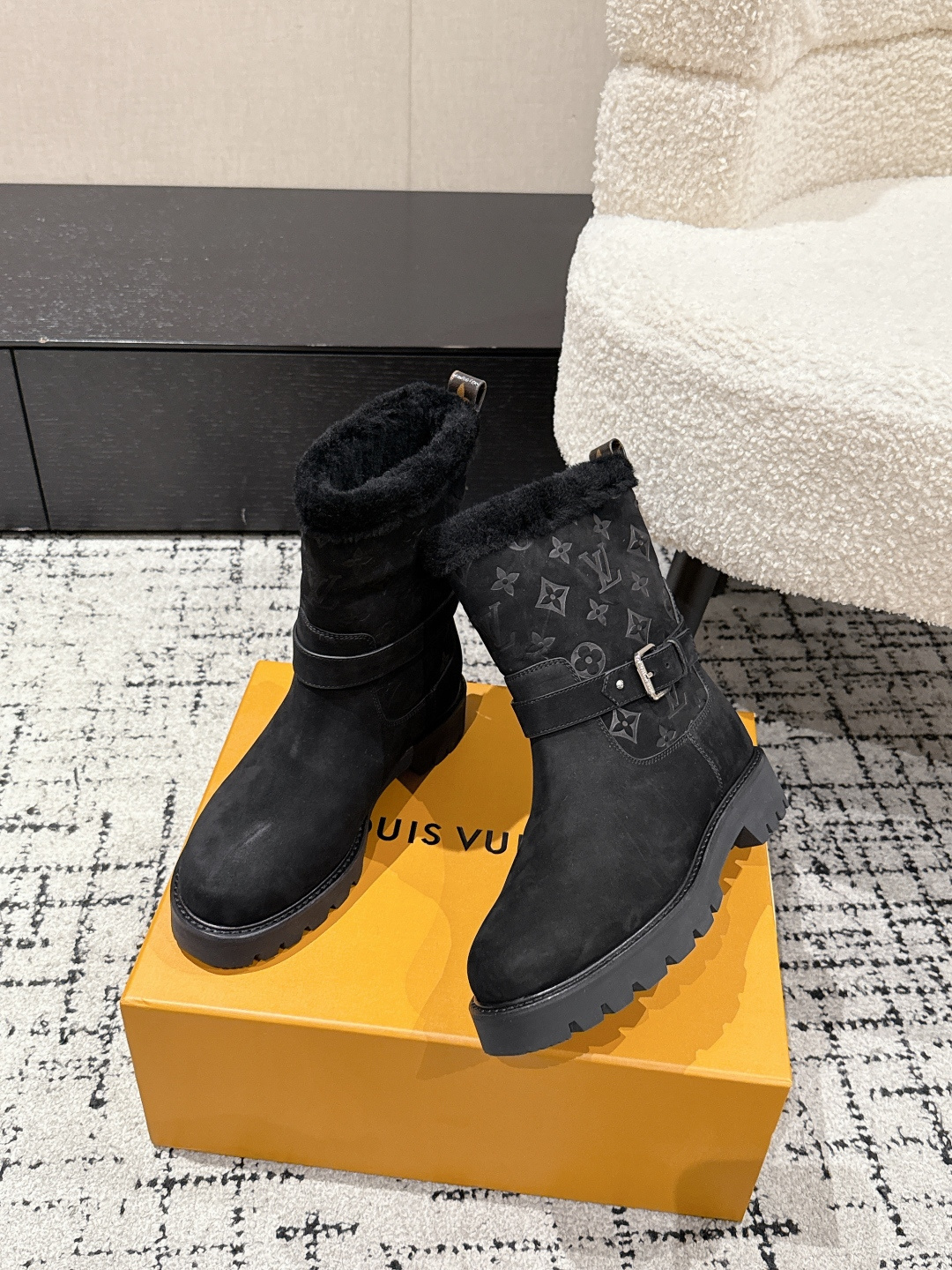 Luxury Black Suede Monogram Ankle Boots with Fur Lining